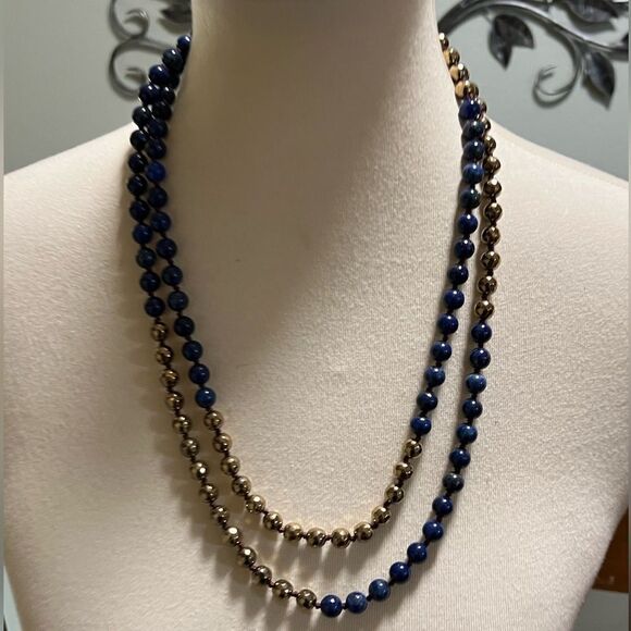 NWT BARSE Genuine Stones Lapis Elegant Blue and Gold Beaded Necklace #BJNK - Picture 1 of 8